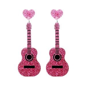 Large Guitar Valentines Day Heart Glitter Earrings